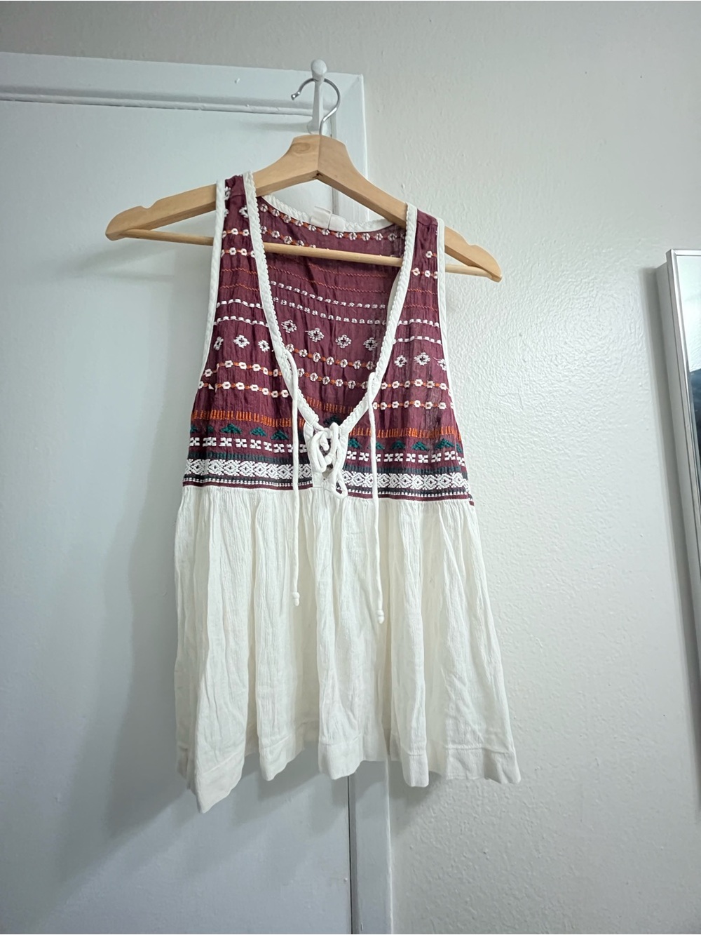 Boho Embroidered Tank Top in Maroon and White